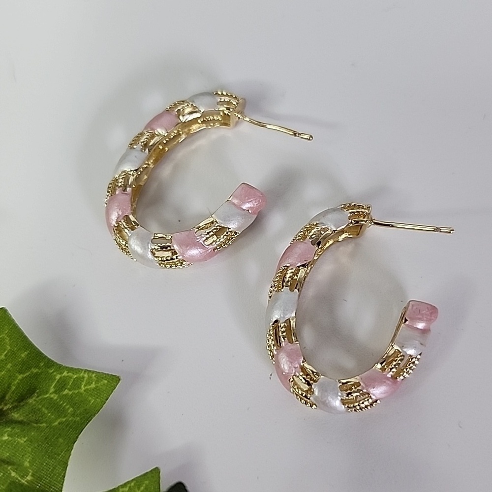 Gold Hoop Earrings with Pink and White New
